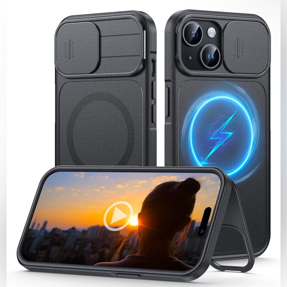 L K for iPhone 15 Case with Kickstand Slide Camera Cover MagSafe Black 6.1" LK